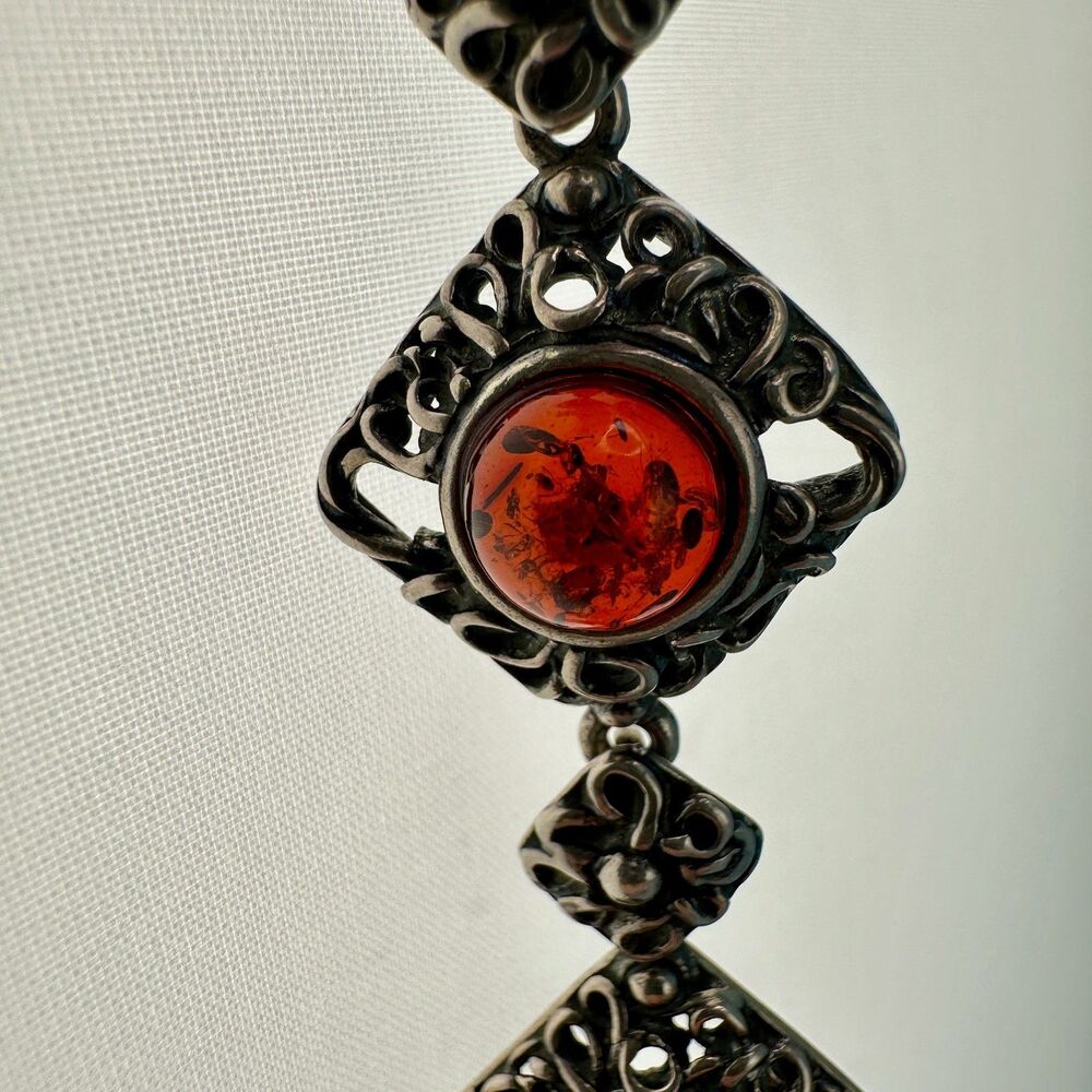 Vintage Sterling Silver Amber Bracelet Diamond Shape Filigree Floral Link Signed - Picture 14 of 16